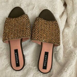 Rochas Crystal Embellished Flat Mule Slides Size 38/7.5 us